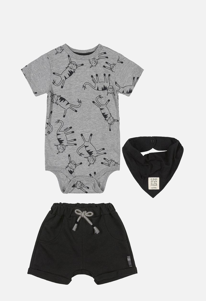 UP Baby - Cat babygrow,shorts & bib set - grey