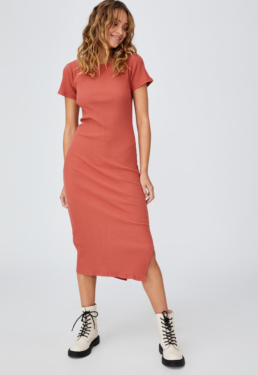 Cotton On - Essential split short sleeve midi dress - earthy red