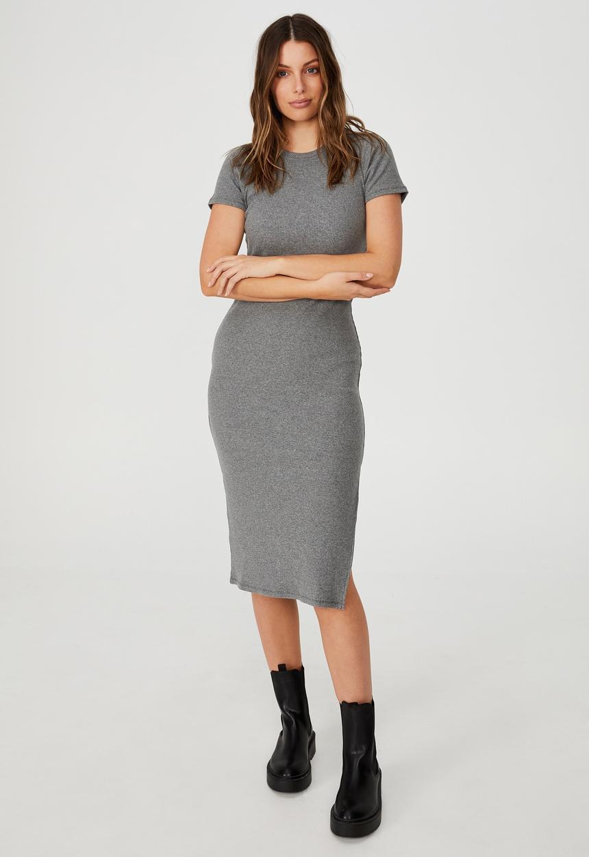Cotton On - Essential split short sleeve midi dress - charcoal marle
