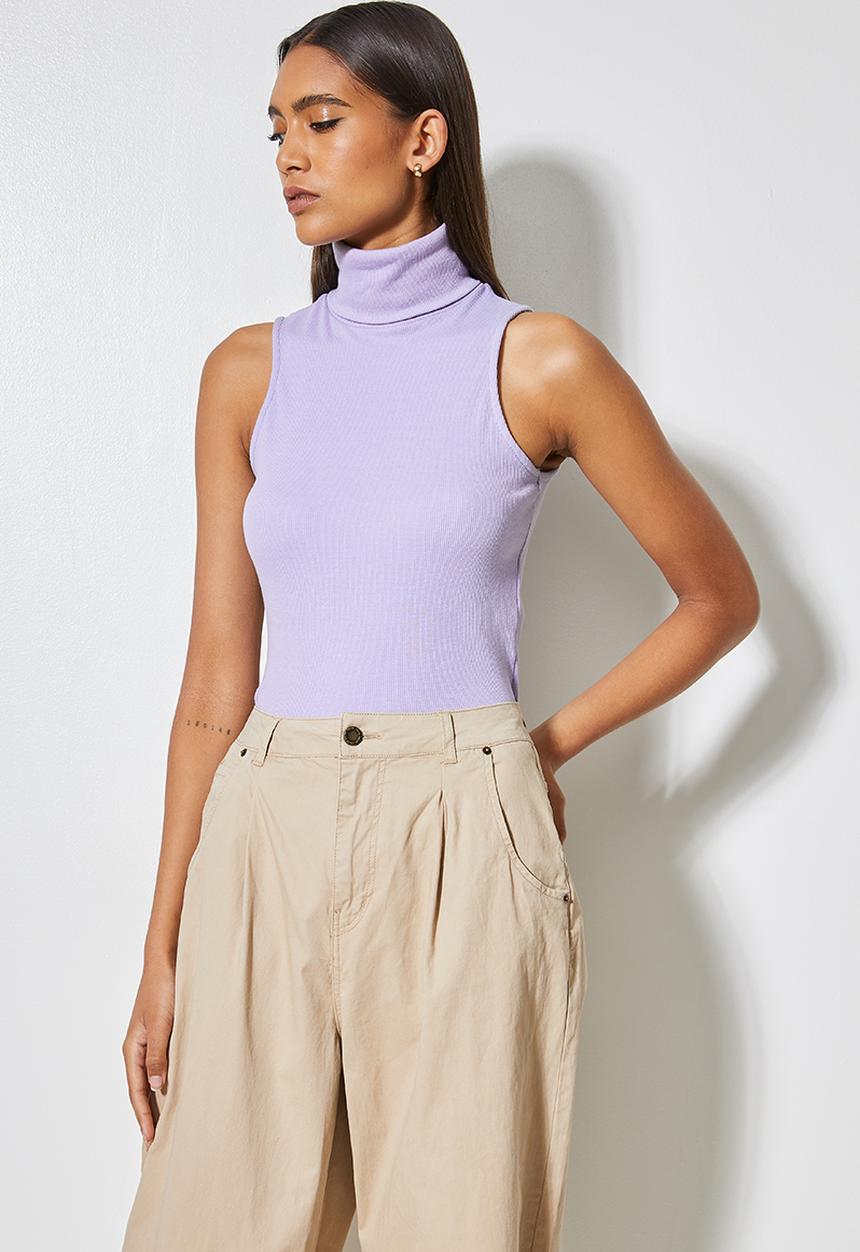 Superbalist - Cotton lycra rib poloneck top - purple