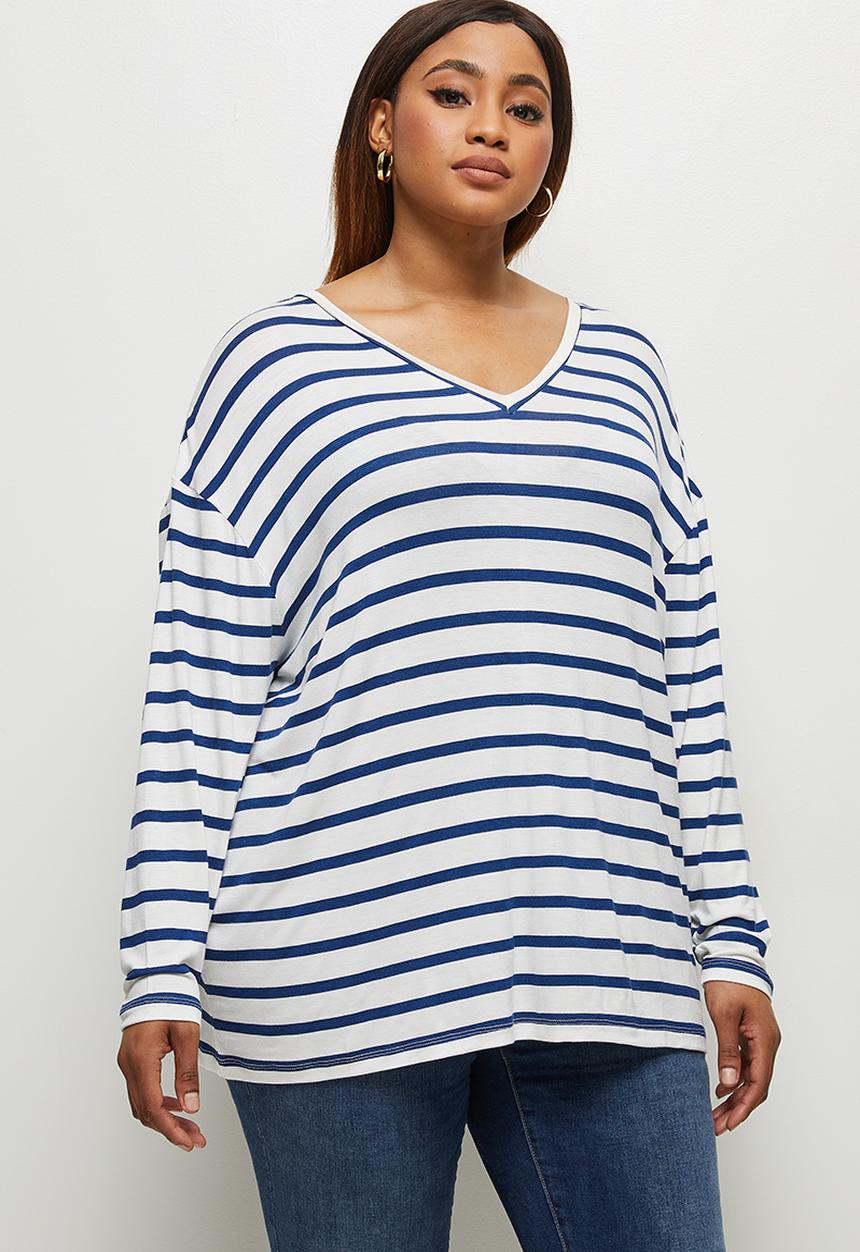 edit Plus - Striped v-neck boxy tee - navy and milk