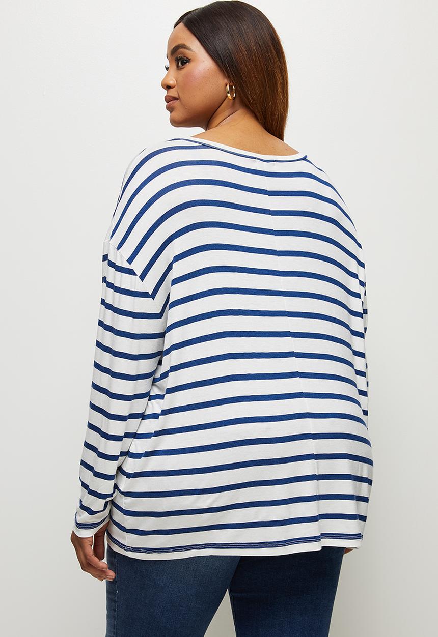 edit Plus - Striped v-neck boxy tee - navy and milk