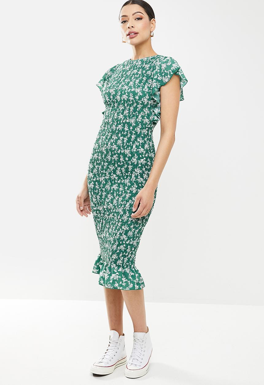 Missguided - Floral print ruffle sleeve midaxi - green