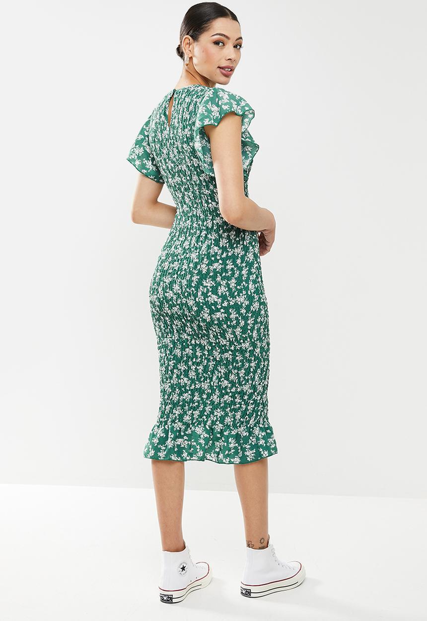 Missguided - Floral print ruffle sleeve midaxi - green