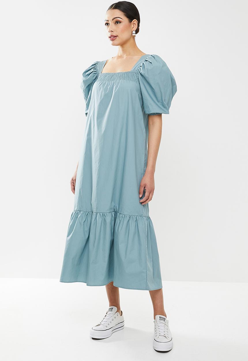Missguided - Puff sleeve square neck smock midi dress - blue