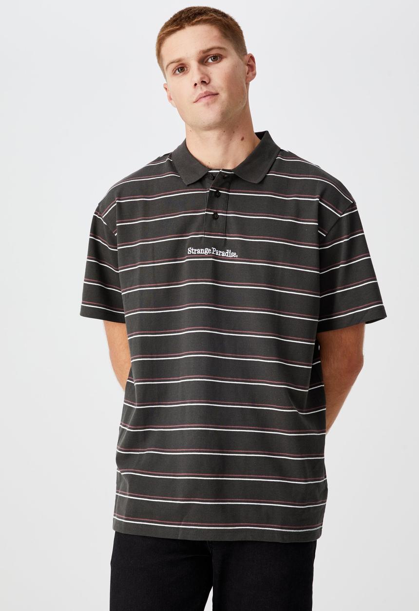 Cotton On - 70 s polo - washed black twin stripe