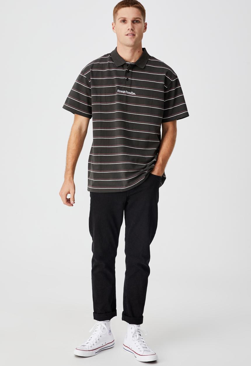 Cotton On - 70 s polo - washed black twin stripe