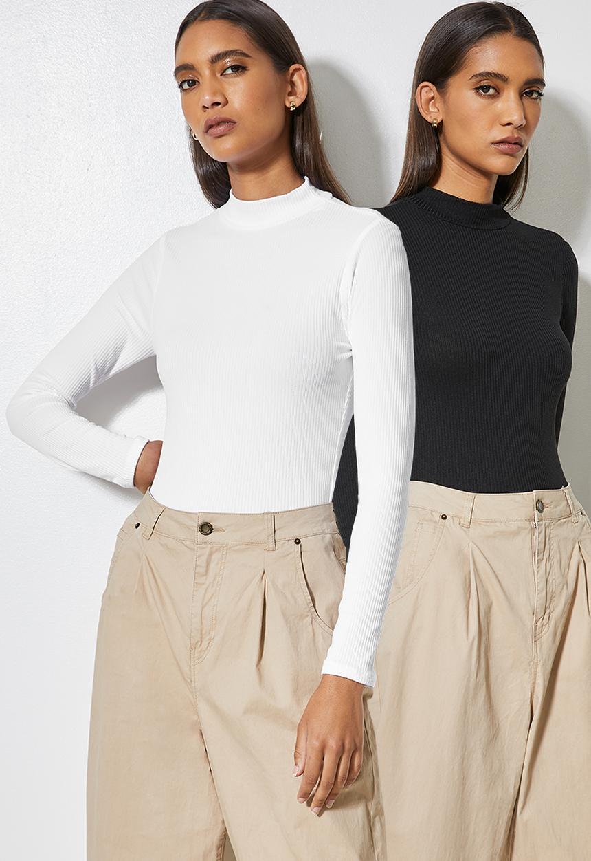 Superbalist - 2 Pack fine rib high neck bodysuit - black & white