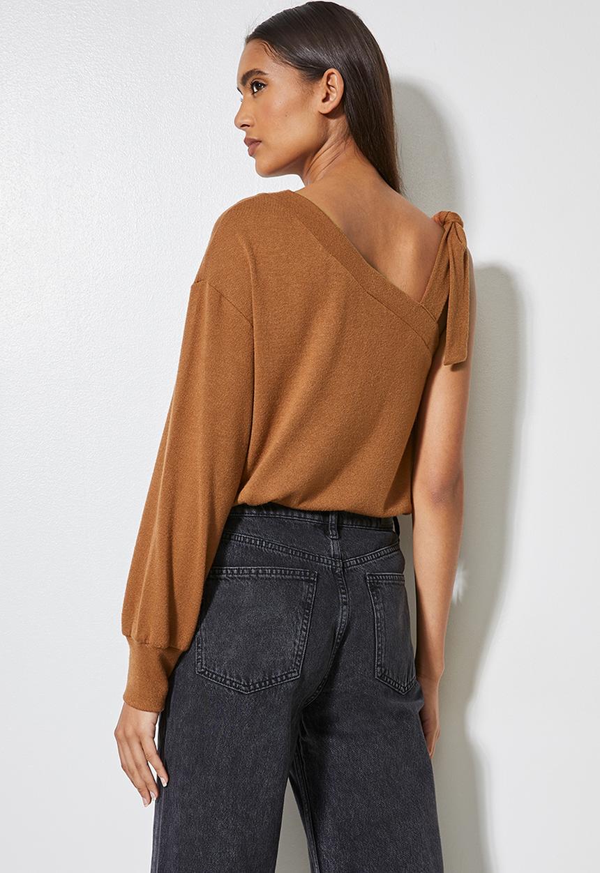 VELVET - Off shoulder cut and sew top - brown