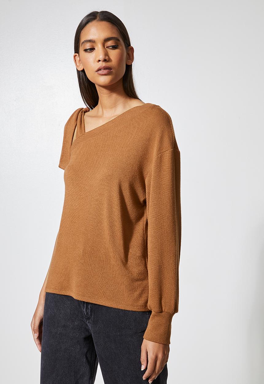 VELVET - Off shoulder cut and sew top - brown