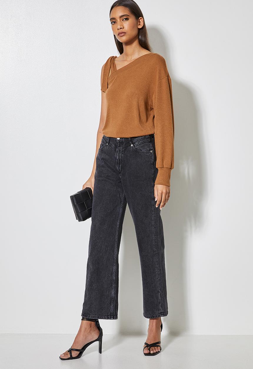 VELVET - Off shoulder cut and sew top - brown