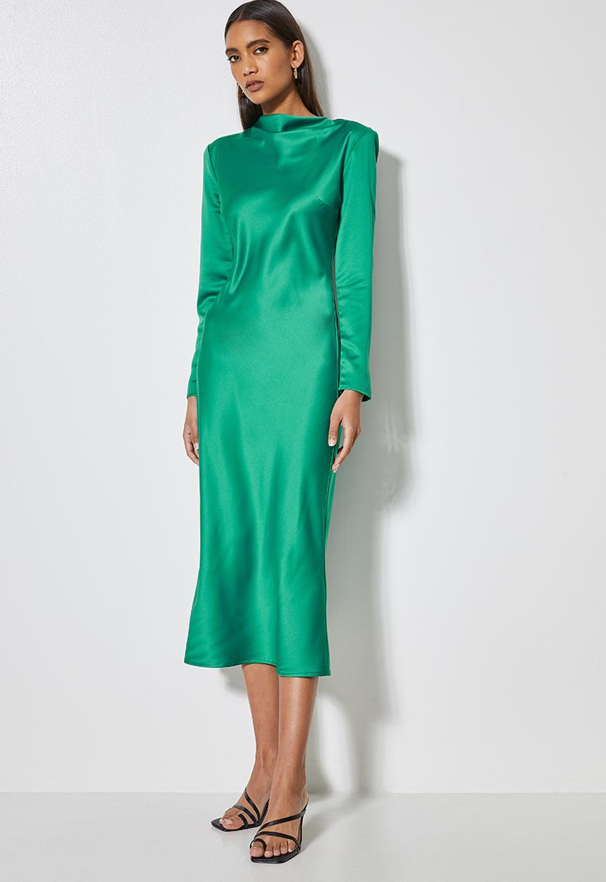 VELVET - Long sleeve satin slip midi dress with shoulder pads - green