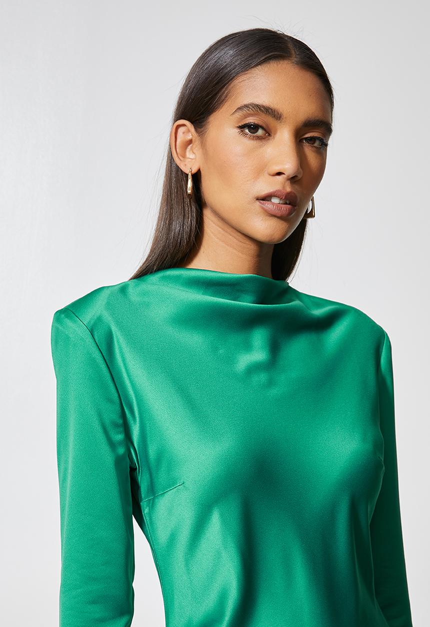 VELVET - Long sleeve satin slip midi dress with shoulder pads - green