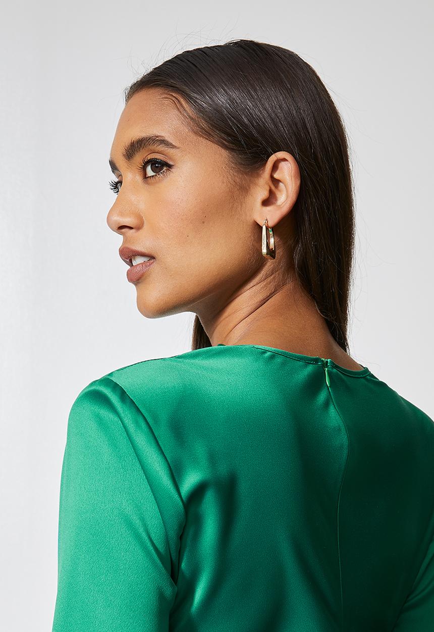 VELVET - Long sleeve satin slip midi dress with shoulder pads - green