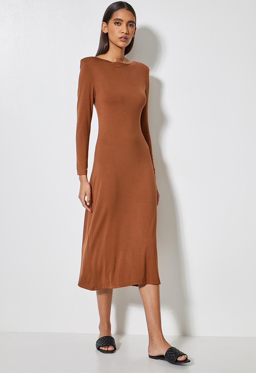 VELVET - Draped neck knit dress with shoulder pad - mink