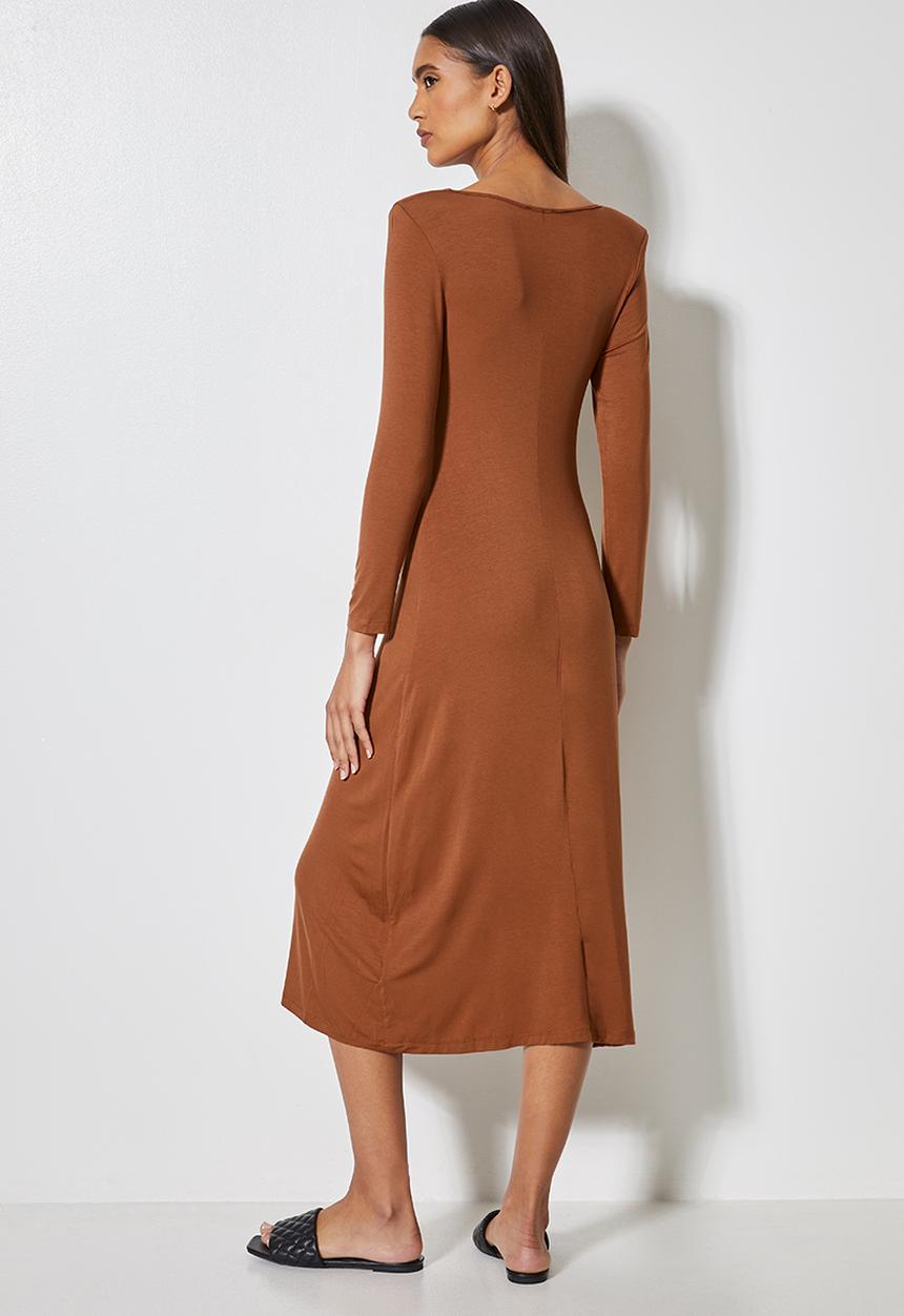VELVET - Draped neck knit dress with shoulder pad - mink