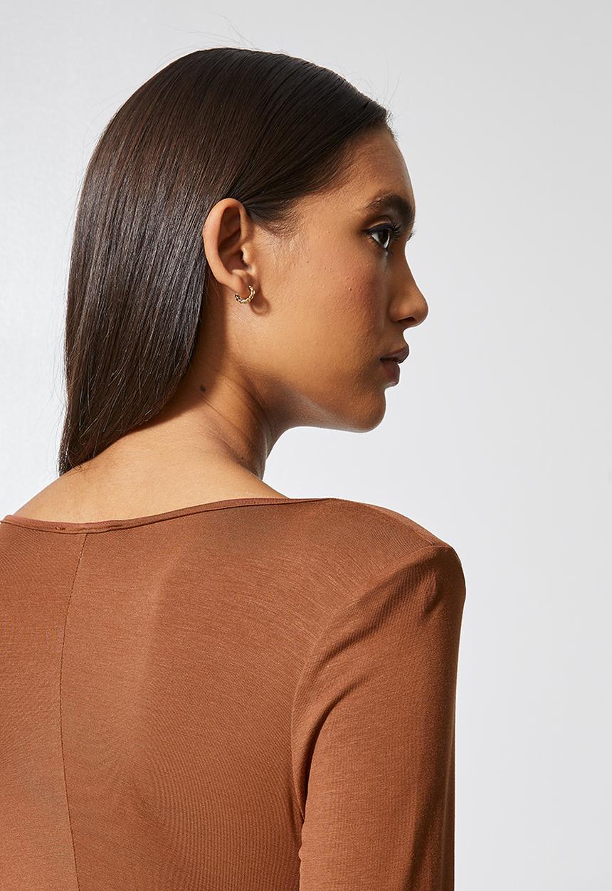 VELVET - Draped neck knit dress with shoulder pad - mink