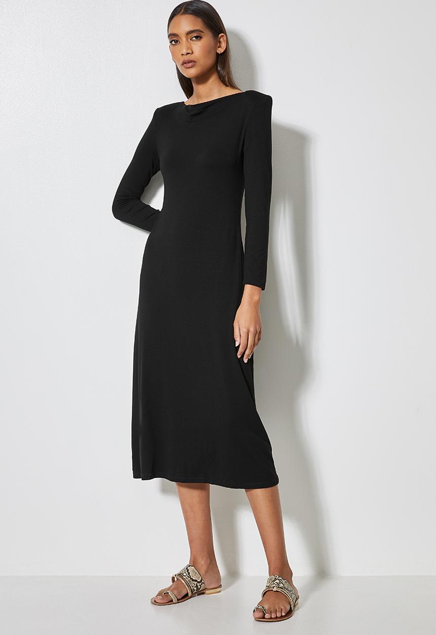 VELVET - Draped neck knit dress with shoulder pad - mink - black 