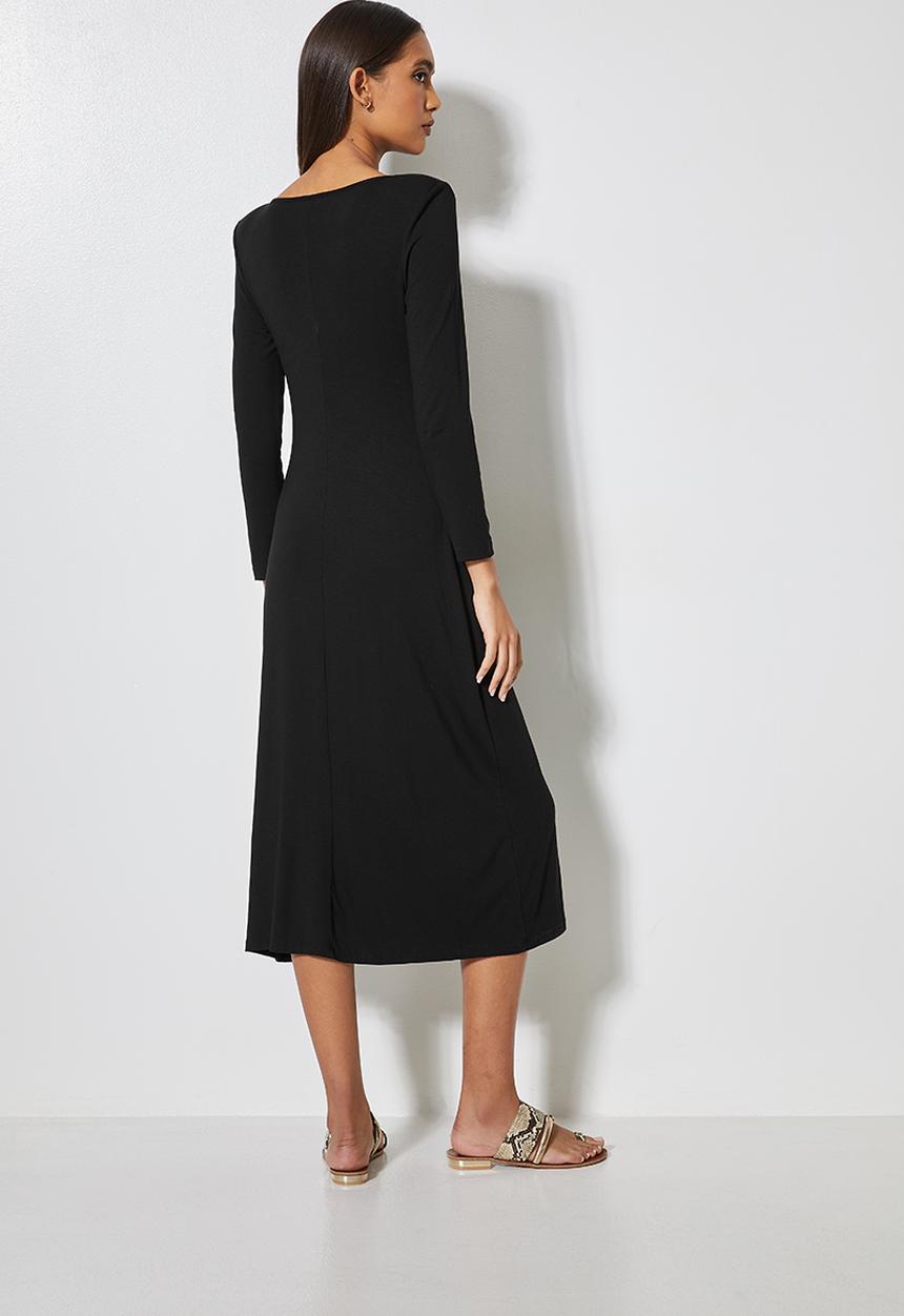 VELVET - Draped neck knit dress with shoulder pad - mink - black 