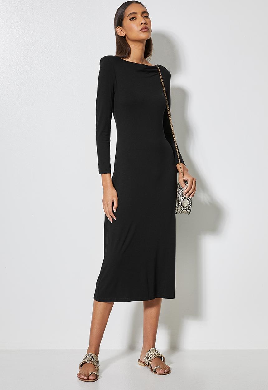 VELVET - Draped neck knit dress with shoulder pad - mink - black 
