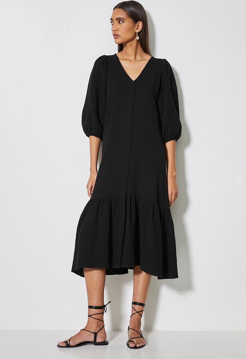 VELVET - Textured button through dropped waist midi - black 