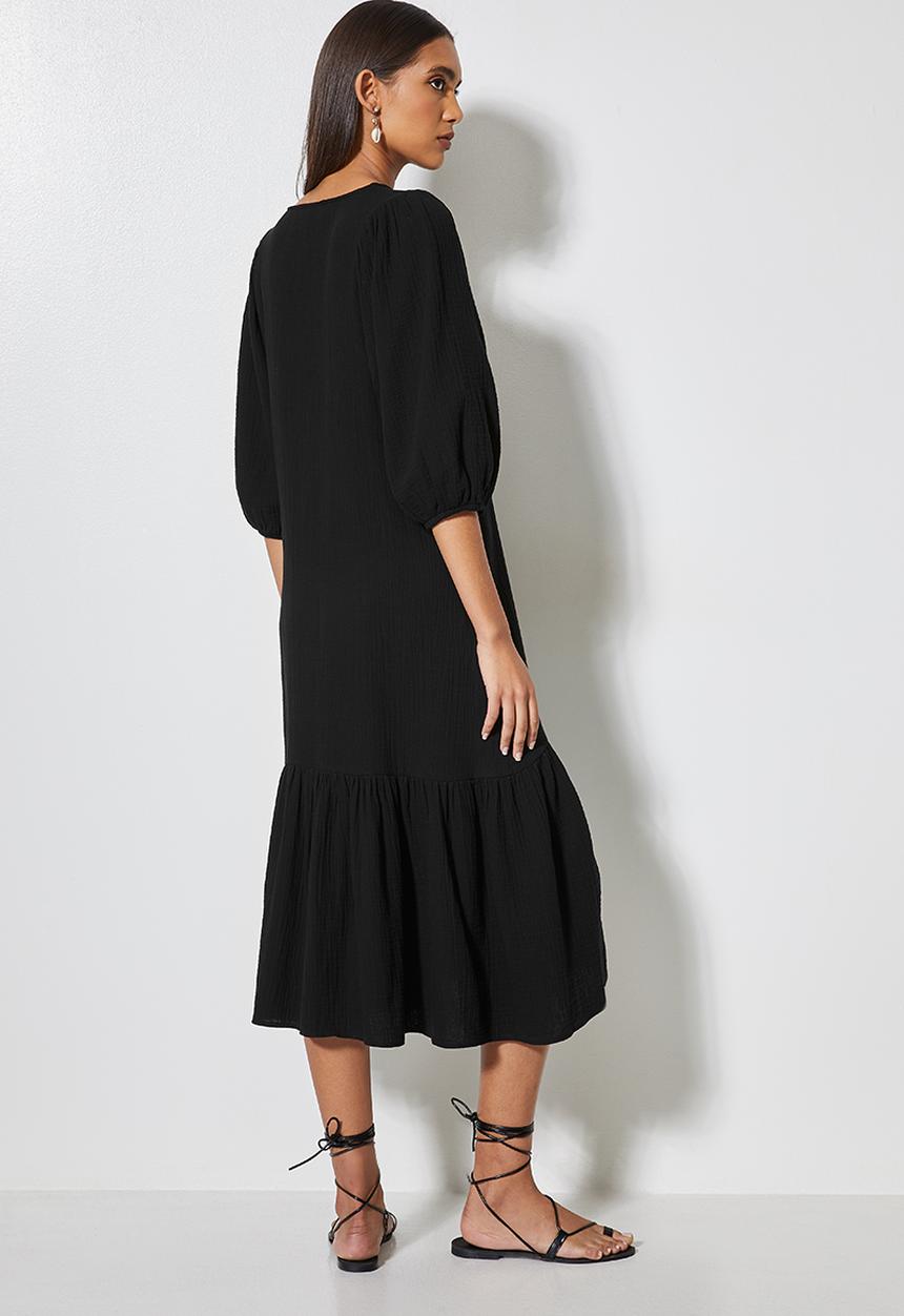 VELVET - Textured button through dropped waist midi - black 