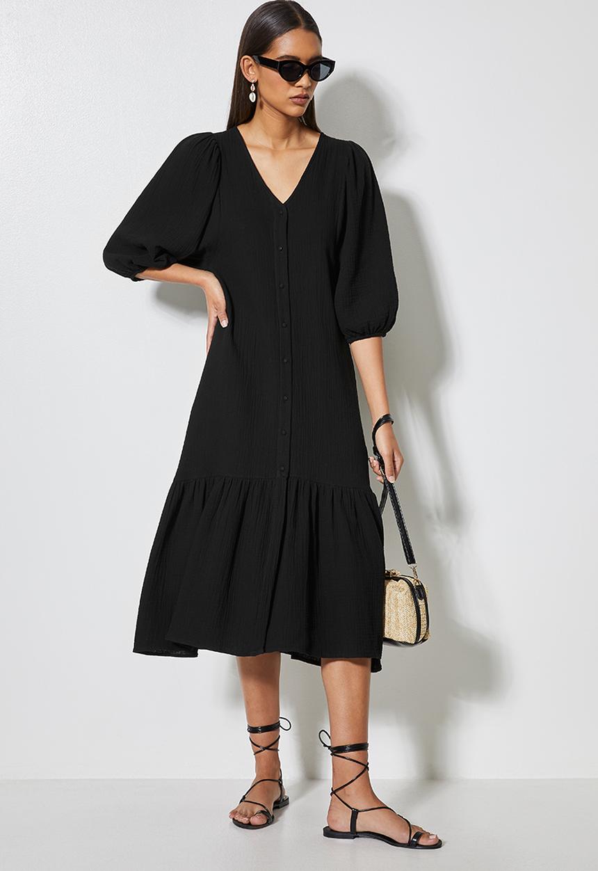 VELVET - Textured button through dropped waist midi - black 