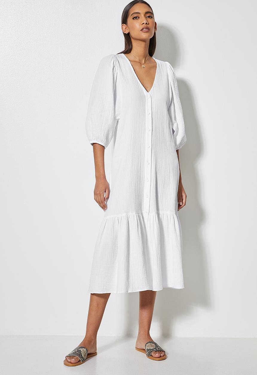 VELVET - Textured button through dropped waist midi - white