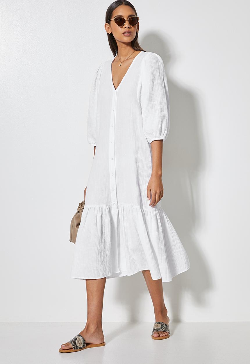 VELVET - Textured button through dropped waist midi - white