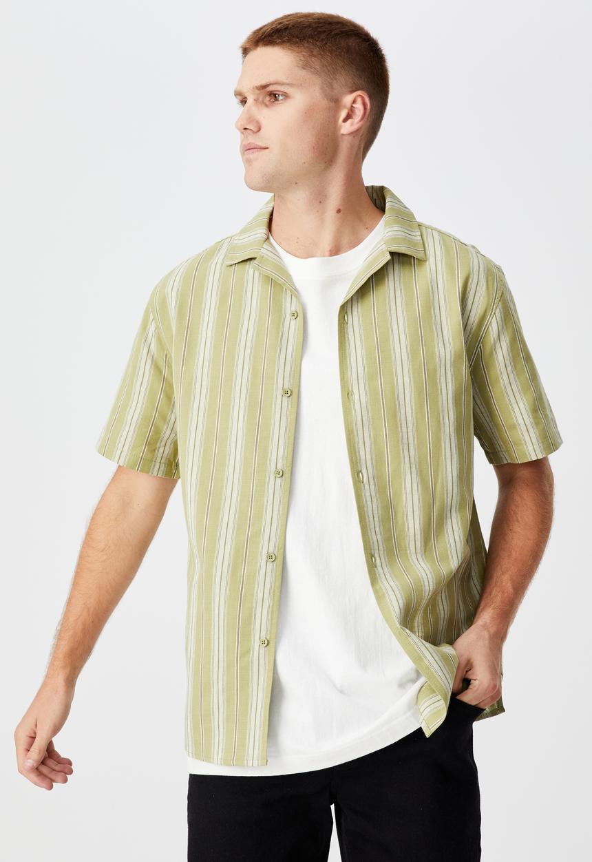 Cotton On - Textured short sleeve shirt - olive wide stripe