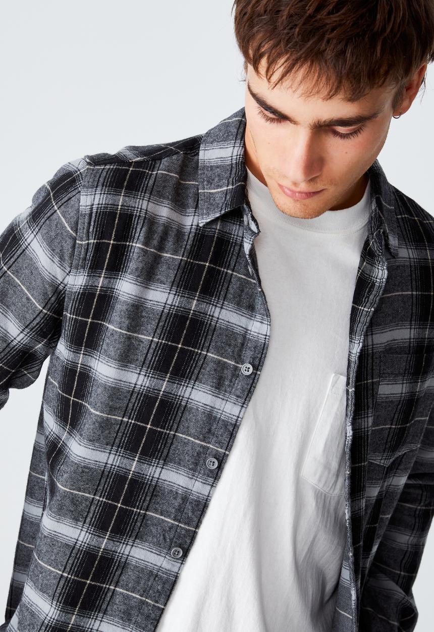 Cotton On - Washed long sleeve check shirt - charcoal gravel check