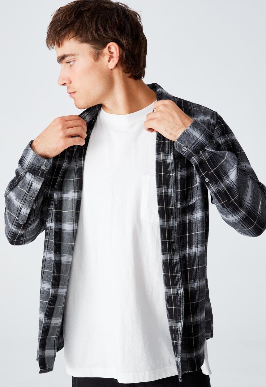 Cotton On - Washed long sleeve check shirt - charcoal gravel check