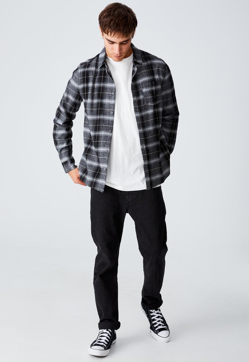 Cotton On - Washed long sleeve check shirt - charcoal gravel check