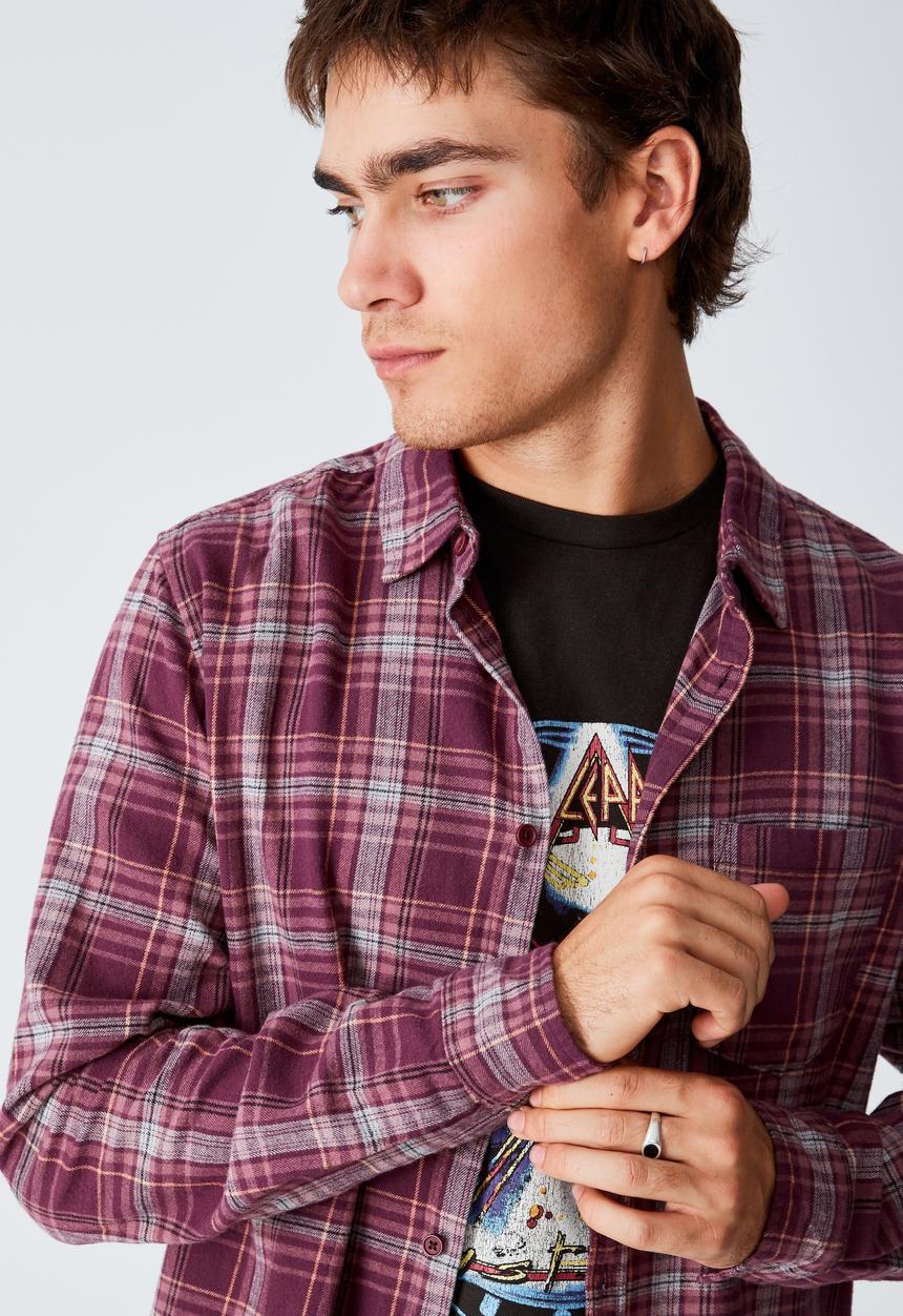 Cotton On - Washed long sleeve check shirt - dark maroon multi check
