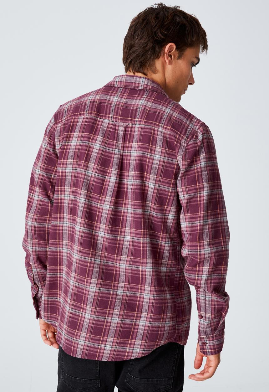 Cotton On - Washed long sleeve check shirt - dark maroon multi check