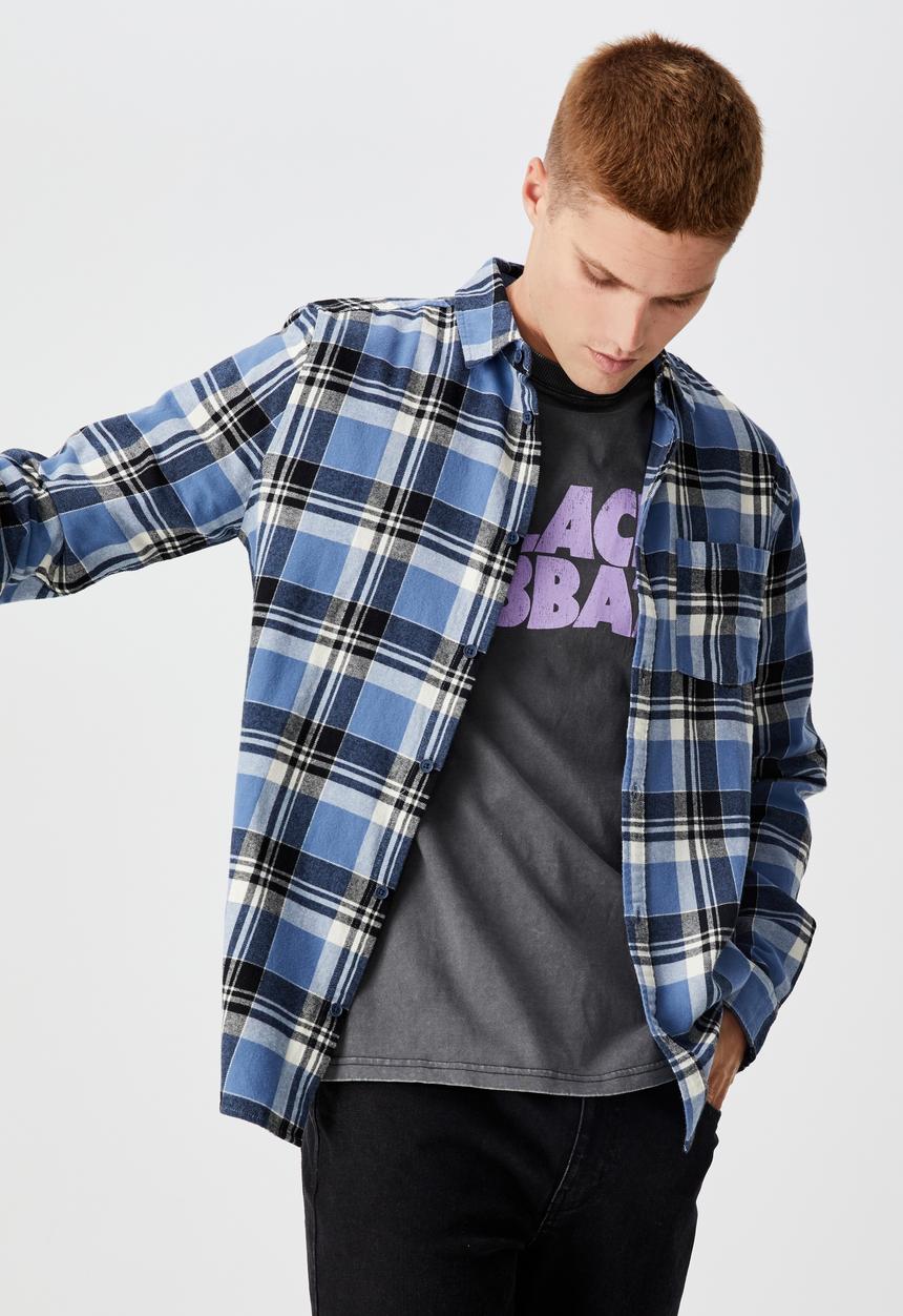 Cotton On - Washed long sleeve check shirt - indigo black white check