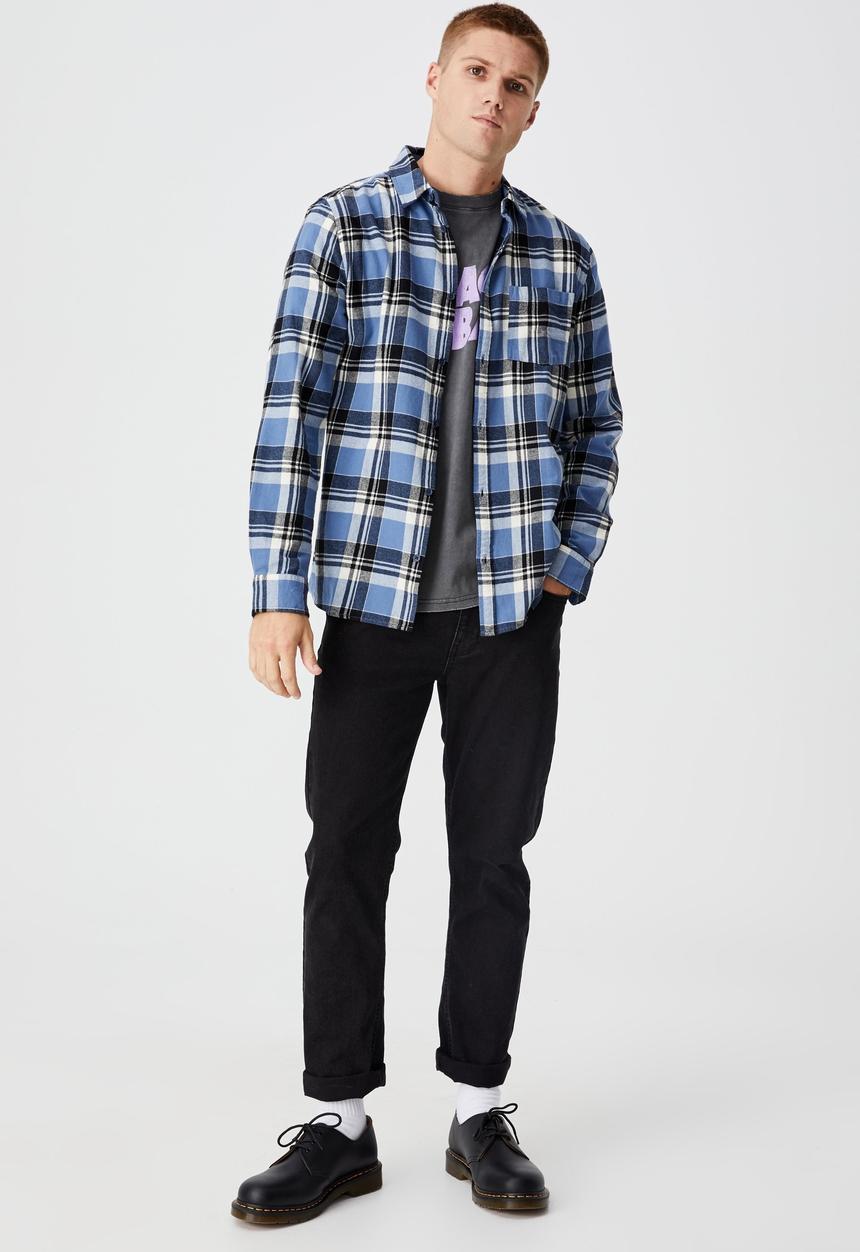Cotton On - Washed long sleeve check shirt - indigo black white check