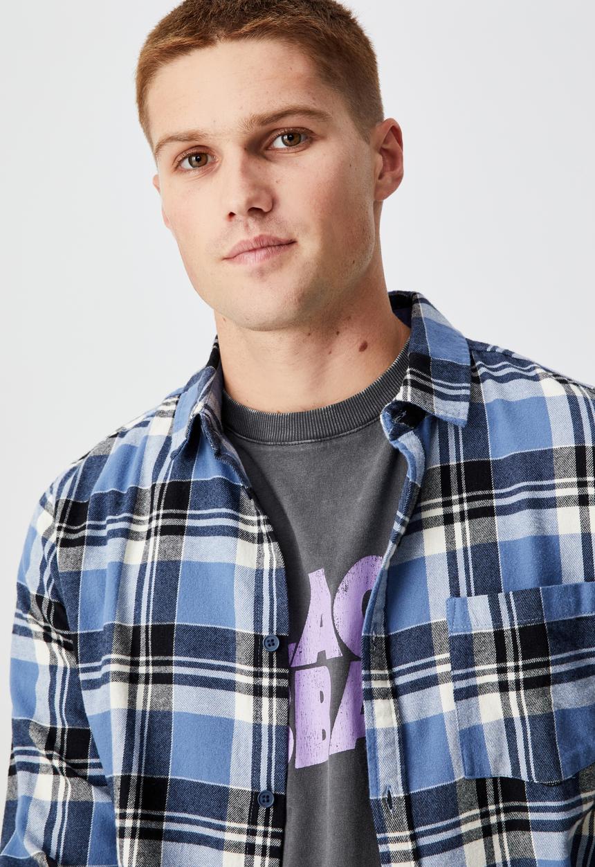 Cotton On - Washed long sleeve check shirt - indigo black white check