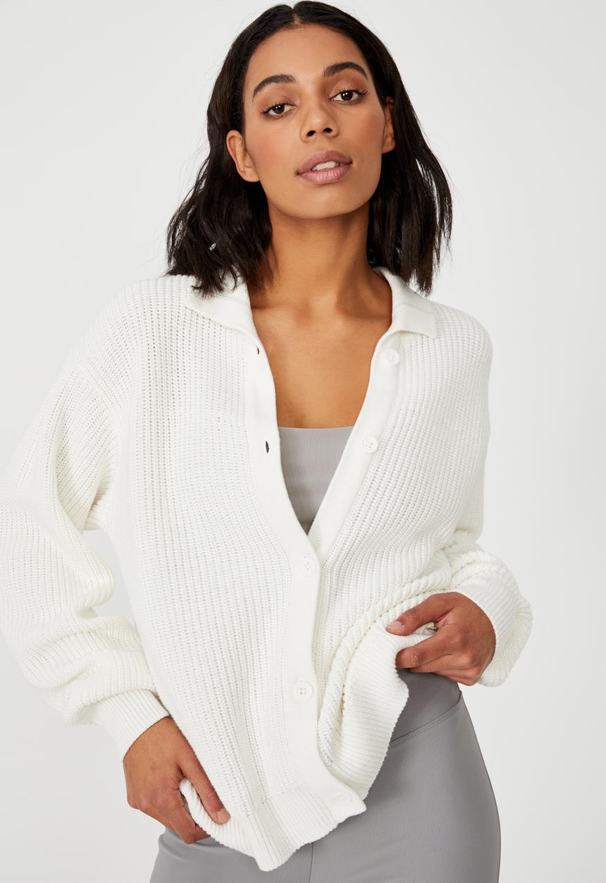 Cotton On - Cotton dad rib collar cardigan - snow white
