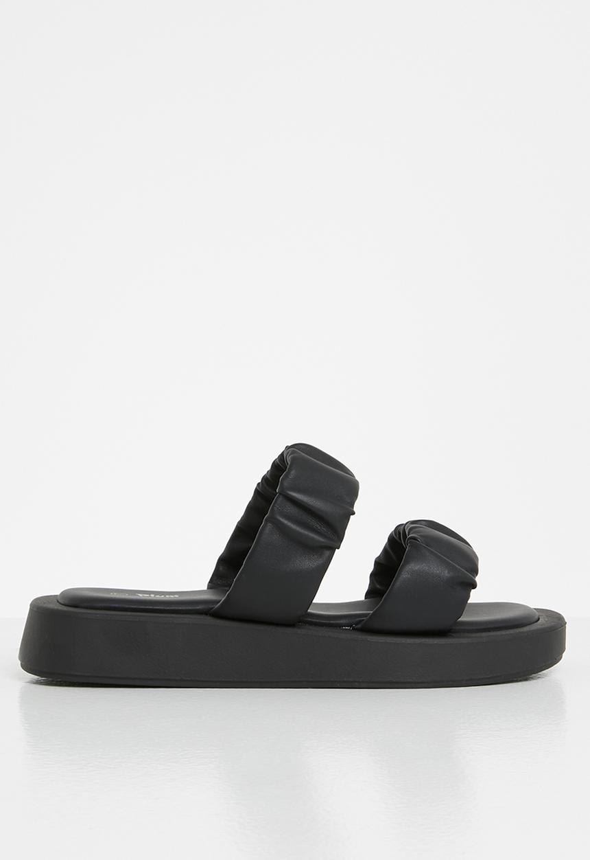Plum - Peachy ruched double strap flatform slide - black