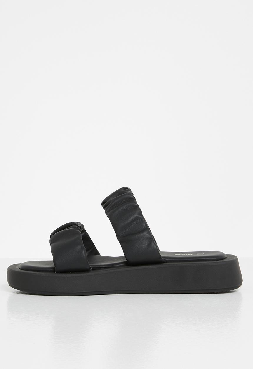 Plum - Peachy ruched double strap flatform slide - black