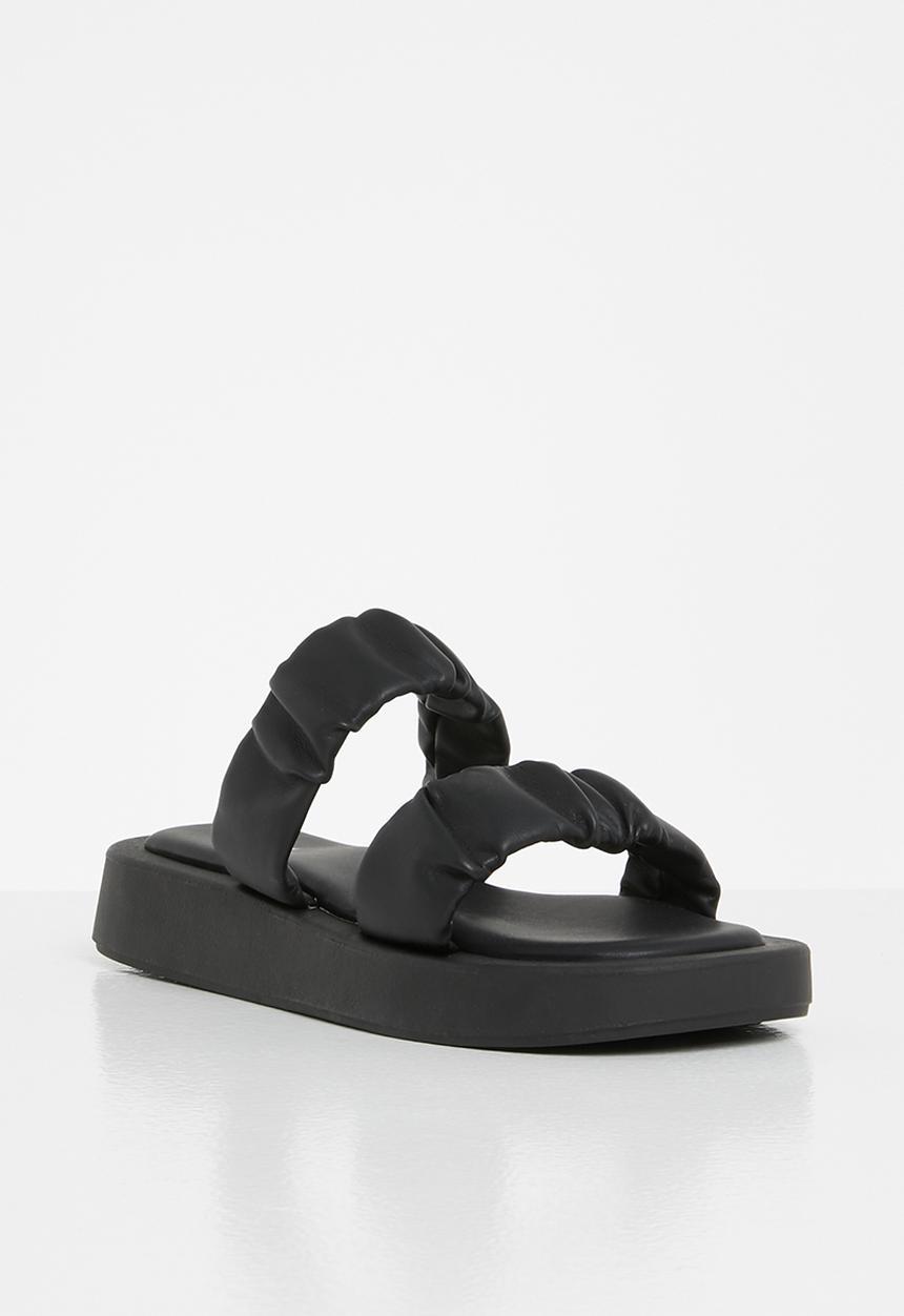 Plum - Peachy ruched double strap flatform slide - black