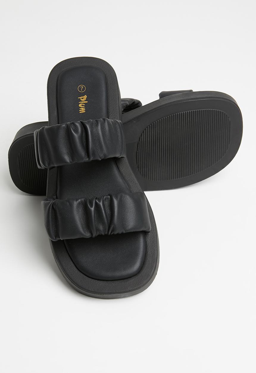 Plum - Peachy ruched double strap flatform slide - black