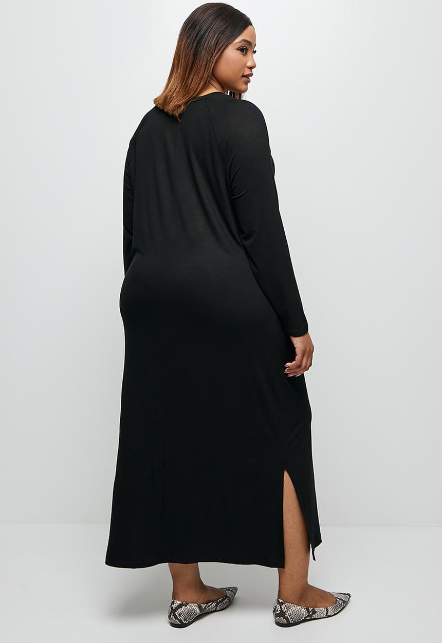 edit Plus - Conscious long sleeve reglan slit midi - black