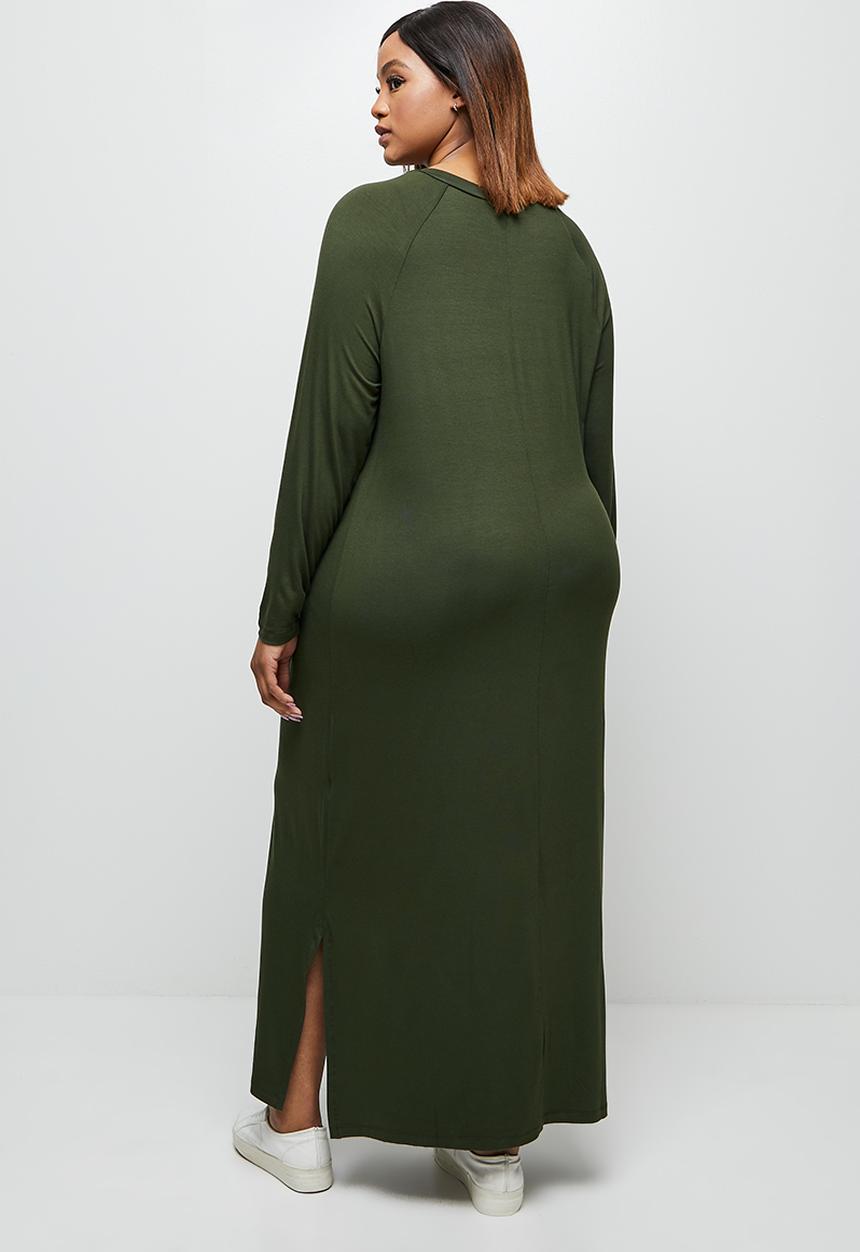 edit Plus - Conscious long sleeve reglan slit midi - olive