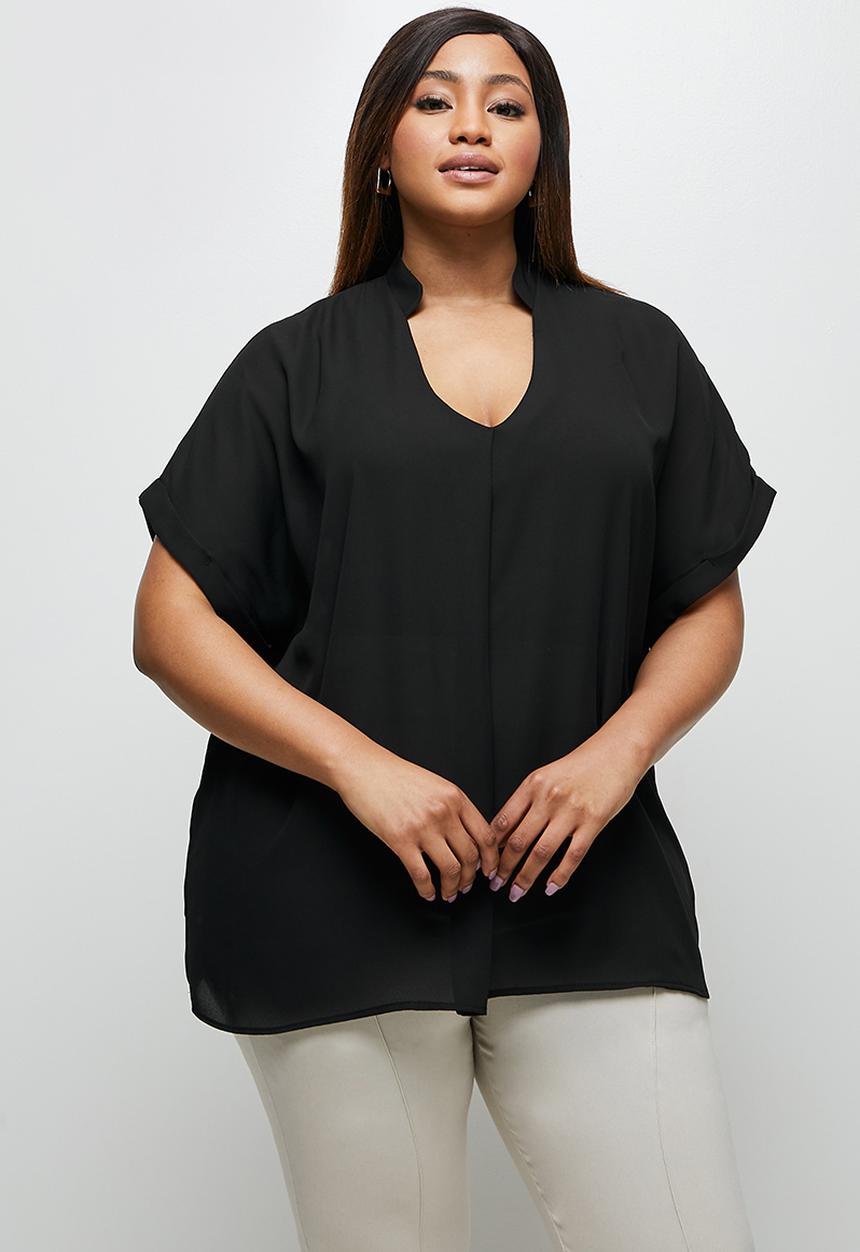 edit Plus - Notch neck grown on sleeve blouse - black