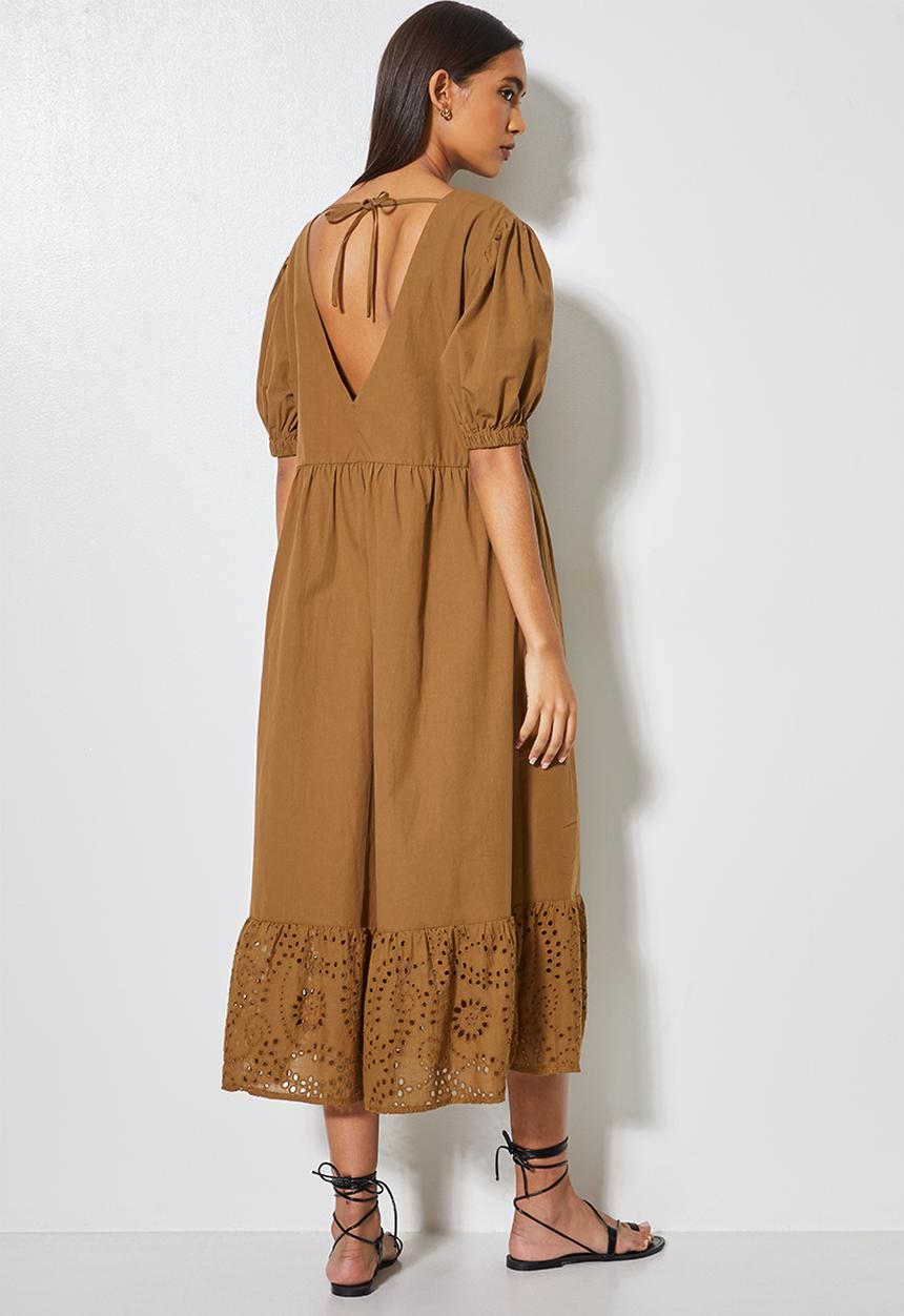 Superbalist - Puff sleeve anglaise tiered dress - tobacco