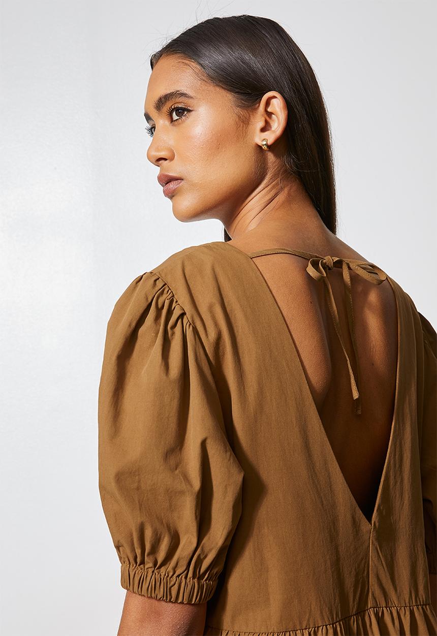 Superbalist - Puff sleeve anglaise tiered dress - tobacco