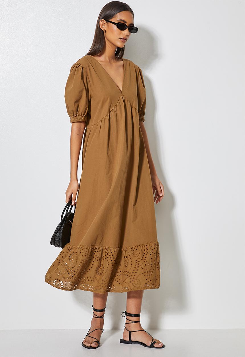 Superbalist - Puff sleeve anglaise tiered dress - tobacco