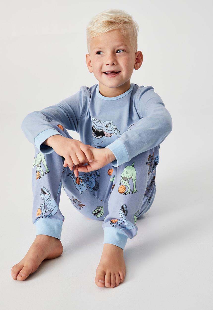Cotton On - Orlando long sleeve pyjama set - dino basketballer dusty blue